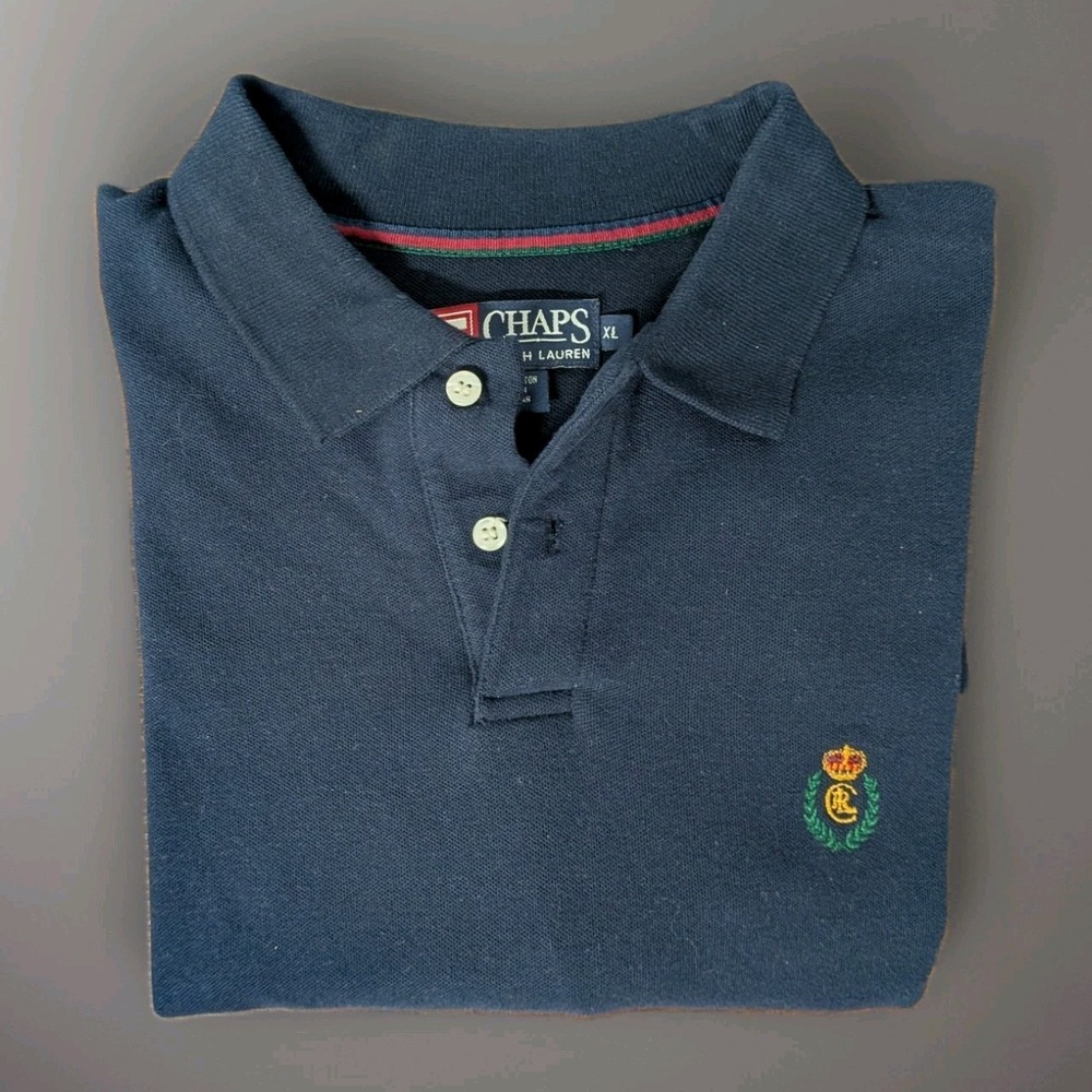 Vintage‎ Ralph Lauren Chaps Shirt Polo Men XL Deep Navy Blue Crest Logo